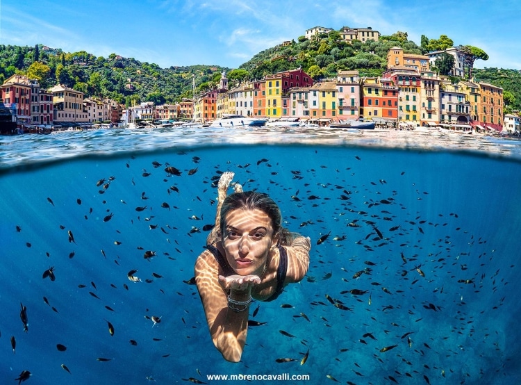 underwater photographer over under split shot Freediving underwater gopro dome underwater photo portofino